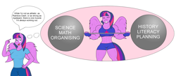 Size: 4601x2009 | Tagged: safe, artist:matchstickman, twilight sparkle, twilight sparkle (alicorn), alicorn, anthro, abs, barbell, biceps, breasts, clothes, deltoids, dialogue, female, fingerless gloves, gloves, gym shorts, hand on hip, happy, headlight sparkle, imagine spot, jeans, mare, muscles, muscular female, pants, purple eyes, purple fur, purple wings, sexy, shirt, shorts, simple background, sports bra, sweat, t-shirt, twilight muscle, weight lifting, white background, wings