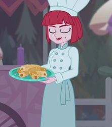 Size: 954x1080 | Tagged: safe, screencap, better together, equestria girls, sunset's backstage pass!, beauty mark, chef's hat, churros, cropped, eyes closed, female, food, hat, plate, puffed pastry, solo