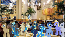 Size: 1920x1080 | Tagged: safe, artist:chainchomp2 edit, derpibooru import, blues, doctor whooves, lucky clover, noteworthy, soarin', star hunter, thorn (character), thunderlane, hotel, lobby, male, stallion