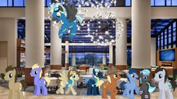 Size: 1920x1080 | Tagged: safe, artist:chainchomp2 edit, derpibooru import, blues, cloudchaser, doctor whooves, lucky clover, meadow song, noteworthy, star hunter, thorn (character), thunderlane, earth pony, pegasus, hotel, lobby, male