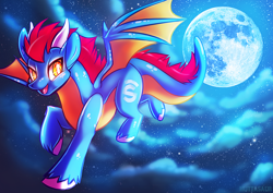 Size: 1130x800 | Tagged: safe, artist:muttasaur, derpibooru import, oc, oc only, dracony, dragon, hybrid, pony, cloud, commission, cutie mark, digital art, flying, horn, male, moon, night, sky, solo, tail, wings