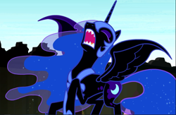 Size: 1440x940 | Tagged: safe, screencap, nightmare moon, do princesses dream of magic sheep, cropped, flying, open mouth, screaming, sharp teeth, solo, teeth