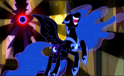 Size: 1533x942 | Tagged: safe, screencap, nightmare moon, do princesses dream of magic sheep, cropped, evil laugh, flying, laughing, solo