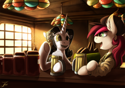 Size: 1750x1237 | Tagged: safe, artist:jamescorck, derpibooru import, oc, oc:appleale, oc:movie slate, earth pony, unicorn, bar, cider, colored, conversation, earth pony oc, female, horn, mare, mug, pub, smiling, unicorn oc