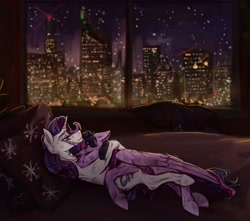 Size: 3000x2651 | Tagged: safe, artist:tired_dog, derpibooru import, rarity, twilight sparkle, twilight sparkle (alicorn), alicorn, pony, unicorn, fanfic:the enchanted kingdom, fanfic:the enchanted library, city, cityscape, cloak, clothes, cutie mark, cutie mark on clothes, fanfic art, female, jewelry, lesbian, lying on top of someone, necklace, pillow, rarilight, scar, shipping, skyline, sleeping