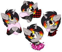 Size: 1864x1548 | Tagged: safe, artist:unichan, derpibooru import, oc, oc only, oc:moonshine, pony, unicorn, clothes, collar, commission, female, flannel, flannel shirt, heart, heart pillow, pillow, simple background, solo, stockings, thigh highs, tongue out, transparent background, ych result