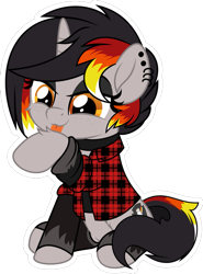 Size: 769x1040 | Tagged: safe, artist:jhayarr23, derpibooru import, oc, oc only, oc:moonshine, pony, unicorn, cleaning, clothes, collar, commission, eyeshadow, female, flannel, flannel shirt, licking, makeup, mare, piercing, shirt, simple background, sitting, solo, stockings, thigh highs, tongue out, transparent background, ych result