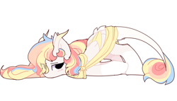 Size: 1398x798 | Tagged: safe, artist:little-sketches, oc, oc only, oc:rainbow dreams, pegasus, pony, blushing, ear fluff, eye clipping through hair, female, horn, horns, leonine tail, ribbon, simple background, solo, two toned wings, white background, wings, ych result