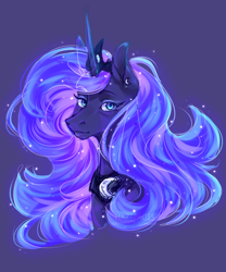 Size: 2000x2400 | Tagged: safe, artist:hazepages, derpibooru import, princess luna, alicorn, pony, bust, ear piercing, earring, ethereal mane, female, jewelry, looking at you, mare, peytral, piercing, portrait, purple background, signature, simple background, smiling, solo, starry mane