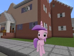 Size: 2048x1536 | Tagged: safe, artist:topsangtheman, amethyst star, sparkler, pony, unicorn, topsangtheman's minecraft server, 3d, house, looking at you, minecraft, photoshopped into minecraft, solo, source filmmaker