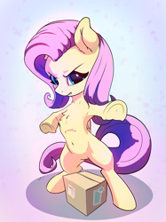 Size: 3239x4331 | Tagged: safe, artist:xbi, derpibooru import, fluttershy, pegasus, pony, angry, bipedal, box, female, fluttershy's unboxing vlog, frog (hoof), looking at you, mare, solo, underhoof