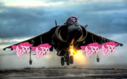 Size: 2560x1600 | Tagged: safe, artist:carnifex, artist:xbi, derpibooru import, edit, editor:kopaleo, pinkie pie, earth pony, pony, behaving like a weapon, harrier, jet, jet fighter, pinkamena diane pie, pinkieface, this will end in tears