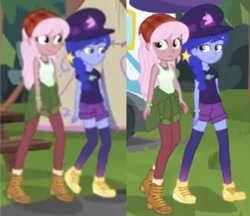 Size: 951x822 | Tagged: safe, screencap, raspberry lilac, space camp (character), better together, equestria girls, bandana, clothes, cropped, duo focus, female, hat, lesbian, shipping, shorts, spacelilac, tanktop, walking, walking together, zettai ryouiki