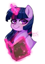 Size: 613x870 | Tagged: safe, artist:riukime, twilight sparkle, pony, book, bust, female, glowing horn, horn, looking at you, magic, mare, signature, simple background, smiling, solo, telekinesis, white background