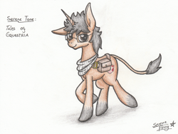 Size: 2106x1584 | Tagged: safe, artist:serenepony, oc, oc only, oc:serene tone, donkey, hybrid, unicorn, bag, donkeycorn, glasses, male, saddle bag, simple background, smiling, solo, stallion, tales of equestria, traditional art, tube scarf