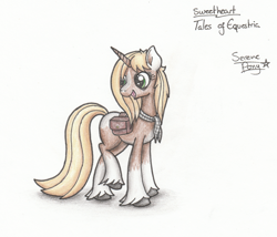 Size: 2094x1795 | Tagged: safe, artist:serenepony, oc, oc only, oc:sweetheart, pony, unicorn, bag, clothes, female, mare, saddle bag, scarf, simple background, solo, tales of equestria, traditional art, unshorn fetlocks