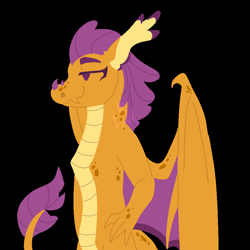 Size: 1000x1000 | Tagged: safe, artist:lepiswerid, smolder, dragon, bat wings, black background, claws, deviantart, female, marsverse, older, older smolder, redesign, scales, simple background, smiling, smug, solo, tail, wings