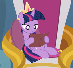 Size: 695x653 | Tagged: safe, artist:agrol, twilight sparkle, twilight sparkle (alicorn), alicorn, pony, adorkable, book, bored, cropped, crown, cute, dork, female, frown, how to be a princess, jewelry, mare, reading, regalia, sitting, solo, throne, twiabetes