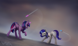 Size: 5105x3012 | Tagged: safe, artist:dashid, derpibooru import, rarity, twilight sparkle, twilight sparkle (alicorn), alicorn, pony, unicorn, absurd resolution, duel, female, glowing horn, horn, magic, mare, sword, swordfight, telekinesis, weapon