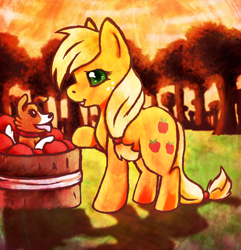 Size: 1752x1816 | Tagged: safe, artist:arkay9, derpibooru import, applejack, winona, dog, earth pony, pony, apple, cute, duo, female, food, hatless, jackabetes, mare, missing accessory, profile, smiling, tongue out
