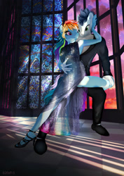 Size: 2480x3508 | Tagged: safe, artist:20zf15, derpibooru import, rainbow dash, soarin', anthro, clothes, dancing, dress, female, male, shipping, soarindash, stained glass, straight, sunset, tuxedo