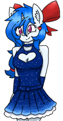 Size: 472x900 | Tagged: safe, artist:gempainter32, oc, oc only, oc:diamond nella, anthro, unicorn, blue hair, bow, breasts, cleavage, clothes, cute, dress, ear fluff, female, hair bow, hands behind back, heart, heart eyes, ibispaint x, looking at you, magenta eyes, ocbetes, simple background, solo, transparent background, wingding eyes