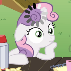 Size: 500x500 | Tagged: safe, edit, edited screencap, screencap, sweetie belle, pony, unicorn, ponyville confidential, cropped, exploitable meme, female, filly, horn, loading, loading cat, meme, obligatory pony, solo, sudden clarity sweetie belle, text, two toned mane, white coat, wide eyes