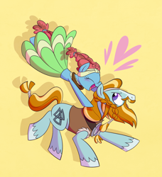 Size: 2640x2898 | Tagged: safe, artist:ryuyo, meadowbrook, rockhoof, earth pony, pony, blushing, female, male, mare, open mouth, rockbrook, shipping, simple background, stallion, straight, yellow background