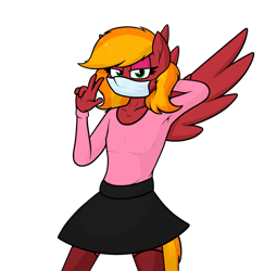 Size: 1239x1276 | Tagged: safe, artist:moonatik, oc, oc only, oc:moonatik, anthro, pegasus, clothes, crossdressing, eyeshadow, face mask, femboy, makeup, male, mask, peace sign, simple background, skirt, socks, solo, spread wings, surgical mask, sweater, transparent background, trap, wings