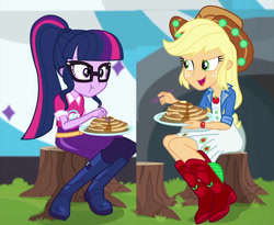 Size: 1118x918 | Tagged: safe, edit, edited screencap, screencap, applejack, sci-twi, twilight sparkle, better together, equestria girls, sunset's backstage pass!, cute, food, music festival outfit, pancakes, tree stump