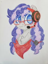 Size: 675x900 | Tagged: safe, artist:ruef, oc, oc only, oc:cinnabyte, adorkable, bandana, commission, crayon, cute, dork, glasses, headset, smiling, tradional