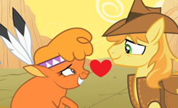 Size: 819x499 | Tagged: safe, edit, edited screencap, screencap, braeburn, little strongheart, over a barrel, braeheart, female, heart, male, shipping, straight