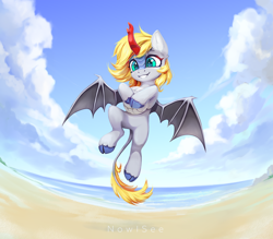 Size: 1716x1500 | Tagged: safe, artist:inowiseei, derpibooru import, oc, oc:dawn strider, bat pony, hybrid, kirin, bat wings, beach, fangs, solo, sports, volleyball, wings