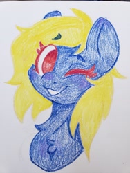 Size: 3024x4032 | Tagged: safe, artist:ruef, oc, oc only, oc:naveen numbers, pegasus, chest fluff, crayon drawing, one eye closed, solo, traditional art, wink