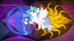 Size: 5120x2880 | Tagged: safe, artist:laszlvfx, artist:pumpkinpieforlife, derpibooru import, edit, princess celestia, princess luna, alicorn, pony, female, filly, wallpaper, wallpaper edit, woona, younger