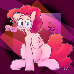 Size: 3500x3500 | Tagged: safe, artist:packy paca, derpibooru import, pinkie pie, earth pony, pony, abstract background, female, heart, high res, looking at you, mare, sitting, solo, text