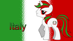 Size: 512x288 | Tagged: safe, oc, oc only, pony, determined, flag, flag background, italy, looking at you, male, nation ponies, ponified, raised hoof, red eyes, solo