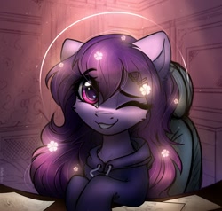 Size: 2000x1906 | Tagged: safe, artist:reterica, oc, oc only, oc:share dast, pony, chair, clothes, desk, eye clipping through hair, female, gift art, hoodie, looking at you, mare, one eye closed, sitting, smiling, solo