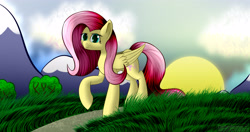 Size: 4096x2160 | Tagged: safe, artist:darbedarmoc, derpibooru import, fluttershy, pegasus, pony, grass, mountain, path, sky, solo, sunrise, tree