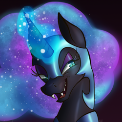 Size: 1000x1000 | Tagged: safe, artist:sailesnake, nightmare moon, alicorn, pony, bust, ethereal mane, fangs, magic, portrait, smirk, solo