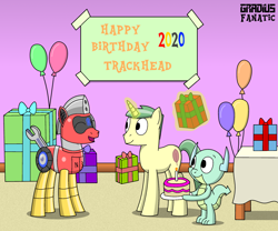 Size: 1902x1581 | Tagged: safe, artist:gradiusfanatic, oc, oc only, oc:trackhead, dragon, unicorn, birthday