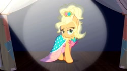 Size: 1280x720 | Tagged: safe, derpibooru import, screencap, applejack, earth pony, pony, simple ways, alternate hairstyle, applejewel, bedroom eyes, clothes, female, looking at you, simple background, sliding background, solo