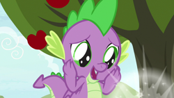 Size: 1920x1080 | Tagged: safe, derpibooru import, screencap, spike, dragon, the big mac question, apple, apple tree, solo, tree, winged spike