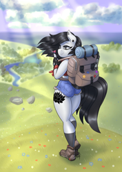 Size: 1920x2715 | Tagged: safe, artist:koffing, derpibooru import, oc, oc only, oc:lodey darkshine, anthro, bird, earth pony, plantigrade anthro, anthro oc, backpack, bird on finger, clothes, cloud, cutie mark, ear piercing, earring, eyeshadow, female, flower, hiking, jewelry, light rays, majestic, makeup, mare, midriff, outdoors, piercing, river, rock, scenery, scenery porn, shoes, shorts, tiny bird, water, ych result