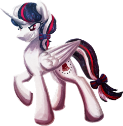 Size: 900x926 | Tagged: safe, artist:amura-of-jupiter, oc, oc only, alicorn, alicorn oc, bow, evil grin, female, grin, horn, long horn, murica, raised hoof, simple background, smiling, solo, transparent background