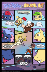 Size: 1026x1548 | Tagged: safe, artist:kefkafloyd, artist:viwrastupr, oc, oc:bit rate, oc:neural net, pony, comic, ponyfest online