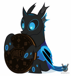 Size: 1286x1369 | Tagged: safe, alternate version, artist:wheatley r.h., derpibooru exclusive, oc, oc only, oc:w. rhinestone eyes, changeling, bat wings, blue changeling, changeling oc, cookie, food, giant cookie, happy, holding, honeypot changeling, oreo, simple background, solo, vector, watermark, white background, wings