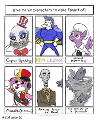 Size: 1005x1200 | Tagged: safe, artist:jargon scott, pegasus, pony, shark, amazing screw-on head, background pony, bowtie, clothes, crossover, eyelashes, hat, raspberry cotton, rem lezar, sharknado, six fanarts, smiling, top hat