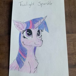 Size: 1080x1081 | Tagged: safe, alternate version, artist:_liz_art_, twilight sparkle, twilight sparkle (alicorn), alicorn, pony, bust, chest fluff, ear fluff, female, mare, smiling, solo, text, traditional art