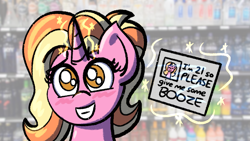 Size: 1599x900 | Tagged: safe, artist:ashtoneer, luster dawn, pony, unicorn, blatant lies, blushing, female, grin, id, magic, seems legit, smiling, solo, telekinesis